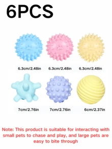 1个/3个/6个装宠物犬猫磨牙玩具。它们可以发出声音，帮助磨牙和清洁牙齿。球形设计可以吸引狗狗的注意力，促进互动。它们是有趣的宠物玩具。