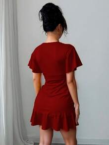 Vestido corto mujer escote cruzado manga corta elegante - Burdeos - Ver 3