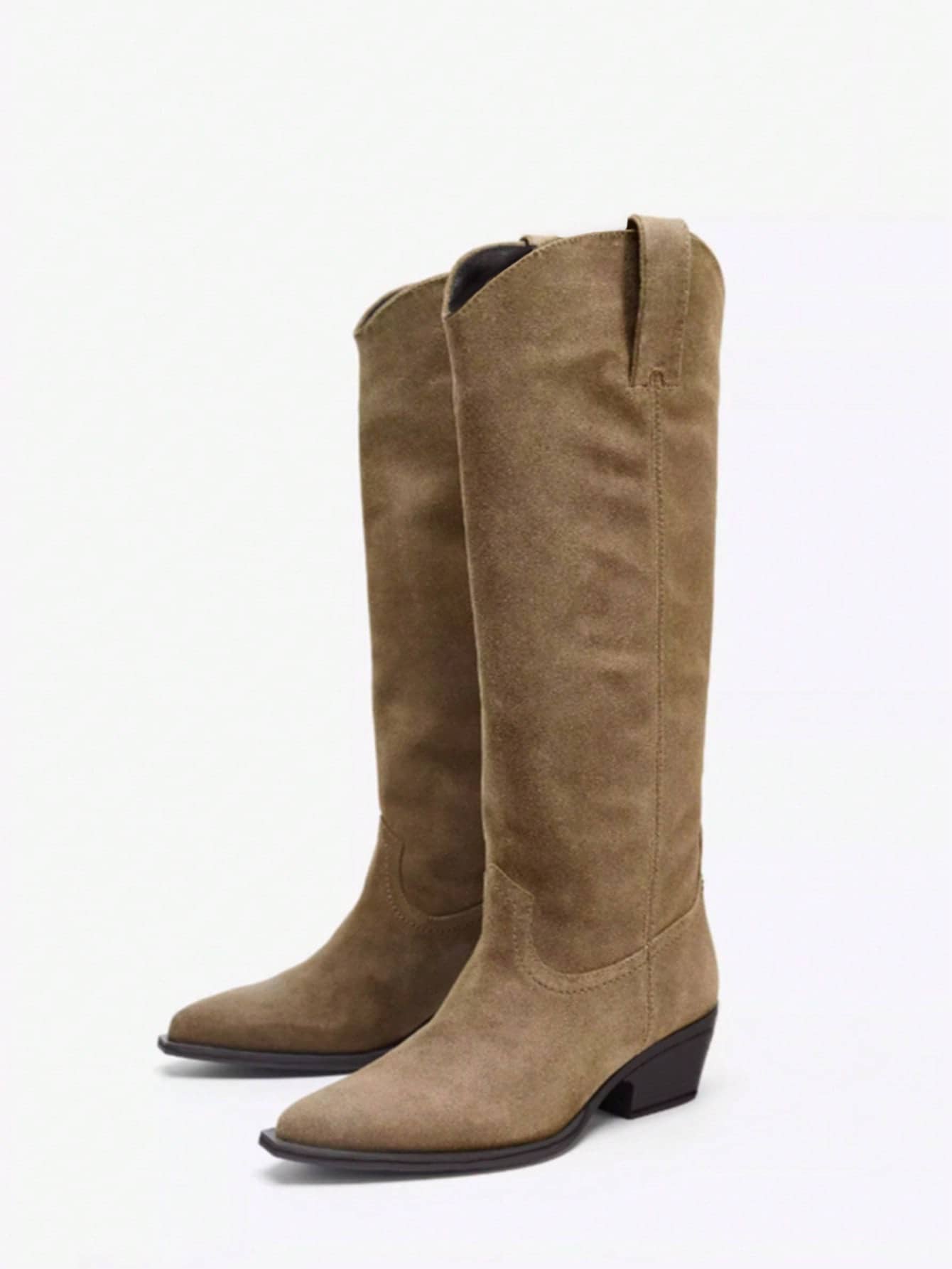 女士时尚靴子，2025秋季新款，麂皮尖头粗跟过膝长靴，棕色，派对靴 - 棕色 - 查看 1