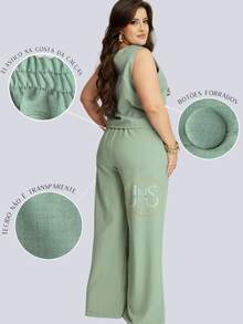 Women's Plus Size Tailored Set: Vest And Wide Leg Pants, Business Formal, Simple Work, Pocket, Buttons On The Front, Divided, Office - 薄荷綠 - 查看 5