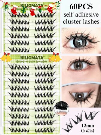 60 片 C 形簇睫毛 - 3D 单簇睫毛，大容量 DIY 睫毛延长，自粘无胶，12 毫米长度，自然交叉风格，灵感来自 K-Pop 和 J-Pop 女子组合，自然、轻盈蓬松，可重复使用，持久，非常适合日常化妆、派对、角色扮演、万圣节和圣诞节必需品、睫毛簇、单根睫毛、假睫毛