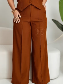 Women's Plus Size Tailored Set: Vest And Wide-Leg Pants, Business Style, Simple Work Style, Pockets, Buttons Down The Front, Split Style, Office Style - 鏽棕色 - 查看 3