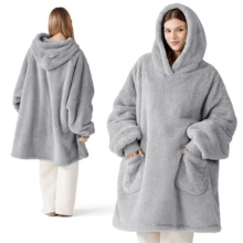 Women's Fleece Winter Blanket Sweatshirt With Hood, Robe Blanket With Sleeves, Soft Plush Fabric Hoodie Blanket With Front Pocket, Light Grey - Grey - View 10