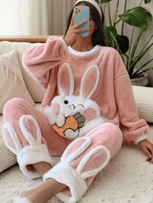 Plus Size Plush Pajamas Set Winter Coral Velvet Cartoon Radish Rabbit Ladies Pajamas - Pink - View 1