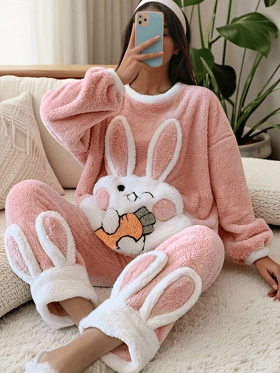 Plus Size Plush Pajamas Set Winter Coral Velvet Cartoon Radish Rabbit Ladies Pajamas - Pink - View 1