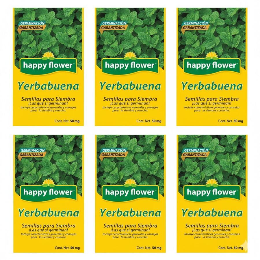 paquete de 6 semillas de yerbabuena Happy Flower germinación garantizada 50 mg cada una planta aromática huerto casero jardinería fácil cultivar natural - Amarillo - Ver 1