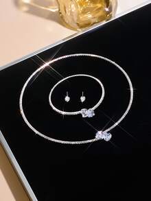 Women's Pendant Necklace Fashion Rhinestone Heart-Shaped Collar Simple Open Collar Silver Necklace Women's Pendant Necklace Jewelry Set