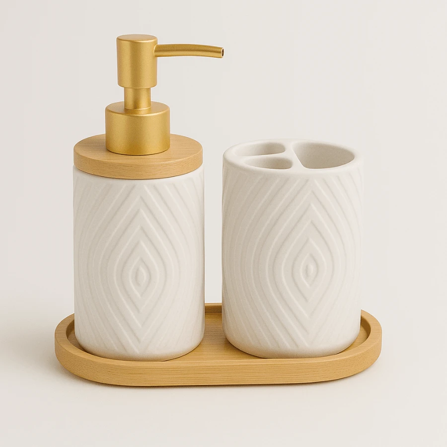 Lavatory Kit 3-Piece Ceramic Bathroom Set Bamboo - màu đen - Xem 1