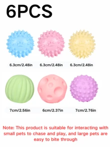 1个/3个/6个装宠物犬猫磨牙玩具。它们可以发出声音，帮助磨牙和清洁牙齿。球形设计可以吸引狗狗的注意力，促进互动。它们是有趣的宠物玩具。