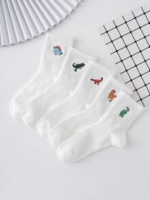 5 Pairs Of Men's Basic Embroidered Dinosaur Pattern Socks, Four Seasons Style, European And American Sizes, Sufficient Size, Comfortable, Breathable, Wear-Resistant And Not Stuffy, Suitable For Daily Wear, Suitable For Both Men And Women, Made Of High-Quality Fabric, Fall - White - View 4