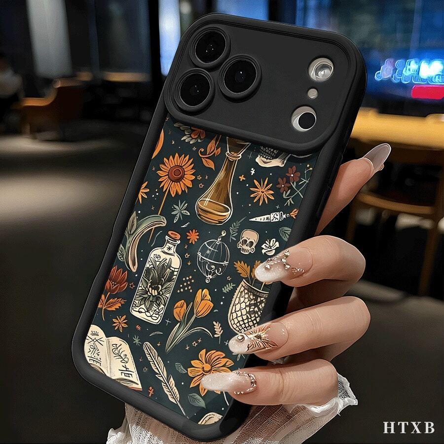 骷髅、书籍、瓶子、花朵 TPU 防震全包精密保护壳，适用于苹果  17 Pro/ 17 Air/ 17/ 17 Pro Max、 16 Pro Max、16 15 Pro 14 PLUS 13 12 Pro 12 mini 13 mini 12 Pro Max X XSMAX 图案印花手机壳，复活节礼物，圣诞节万圣节装饰/礼物，适合女友、男友、朋友或自用, 节日礼物创意,季节性装饰,骷髅设计手机壳,书籍印刷案例,UV印刷设计,TPU材料,防震保护套,印刷手机配件,朋友礼物 - ブラック - チェックする 1