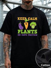 Estilo Casual Camiseta de Manga Corta para Hombre con Estampado "Keep Calm Plants Do Have Protein" y Dibujos Animados de Berenjena, Zanahoria y Brócoli, Corte Regular y Cómodo, Ideal para Vegetarianos y Amantes de la Salud, 220 g 100 % algodón, Tela Suave y Transpirable, Best Seller en Moda - Negro - Ver 1