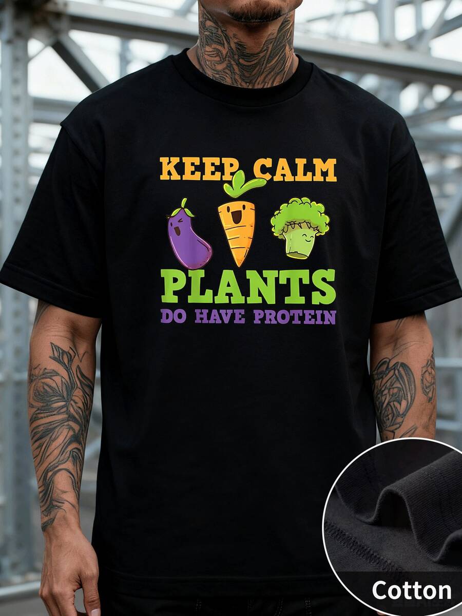 Estilo Casual Camiseta de Manga Corta para Hombre con Estampado "Keep Calm Plants Do Have Protein" y Dibujos Animados de Berenjena, Zanahoria y Brócoli, Corte Regular y Cómodo, Ideal para Vegetarianos y Amantes de la Salud, 220 g 100 % algodón, Tela Suave y Transpirable, Best Seller en Moda - Negro - Ver 1