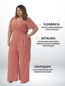 V-Neck Jumpsuit With Waistband Plus Size With Waistband Wide Leg Pants With Pockets And Discreet Pleat Casual Evangelical Fashion Elegant Comfortable Loose | Curve | Wide Leg - 乾枯玫瑰色 - 查看 2