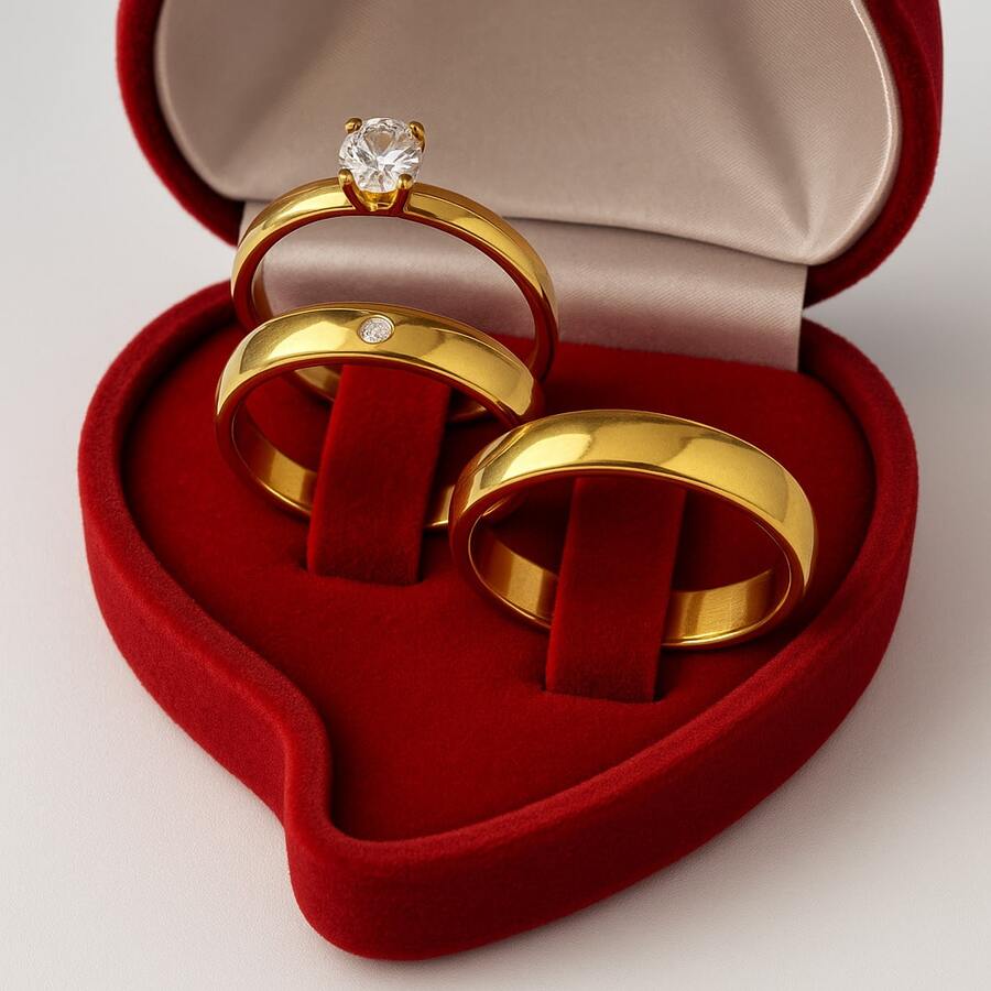 Gold Engagement Wedding Rings Stainless Steel 18k Gold Plated + Solitaire Ring - Vàng - Xem 1