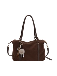 Bolso de mano de diseño de nicho de moda, unicolor simple, de alta calidad con textura mate de imitación, con lindo colgante de peluche, bolso cruzado de mujer de gran capacidad y versátil para el día a día, adecuado para salir a cenar, ir de compras, ir al trabajo, etc.