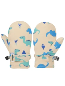 1 par de luvas infantis grossas e quentes de inverno com estampa de dinossauro em cores sólidas para atividades ao ar livre - Multicolorido - Ver 9