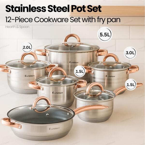 12-częściowy zestaw naczyń kuchennych ze stali nierdzewnej z patelnią, garnki o pojemności od 1,5 l do 5,5 l ze szklanymi pokrywkami, równomierne nagrzewanie, łatwe czyszczenie, uchwyty odporne na ciepło, kompatybilne z indukcją, idealne do codziennego gotowania w domowej kuchni