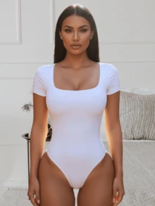 Body Mujer Manga Corta Escote Cuadrado Frances Panti Blusa Leotardo Tela Doble Brush Suave Forro Al Frente Broche Ajustable Cómodo Casual Elegante - Blanco - Ver 2