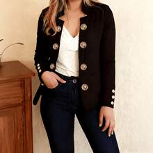 Women's Double Breasted Lapel Collar Blazer With Statement Buttons - 黑色 - 查看 10