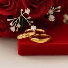 Gold Engagement Wedding Rings Stainless Steel 18k Gold Plated + Solitaire Ring - Vàng - Xem 4