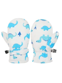 1 par de luvas infantis grossas e quentes de inverno com estampa de dinossauro em cores sólidas para atividades ao ar livre - Multicolorido - Ver 19