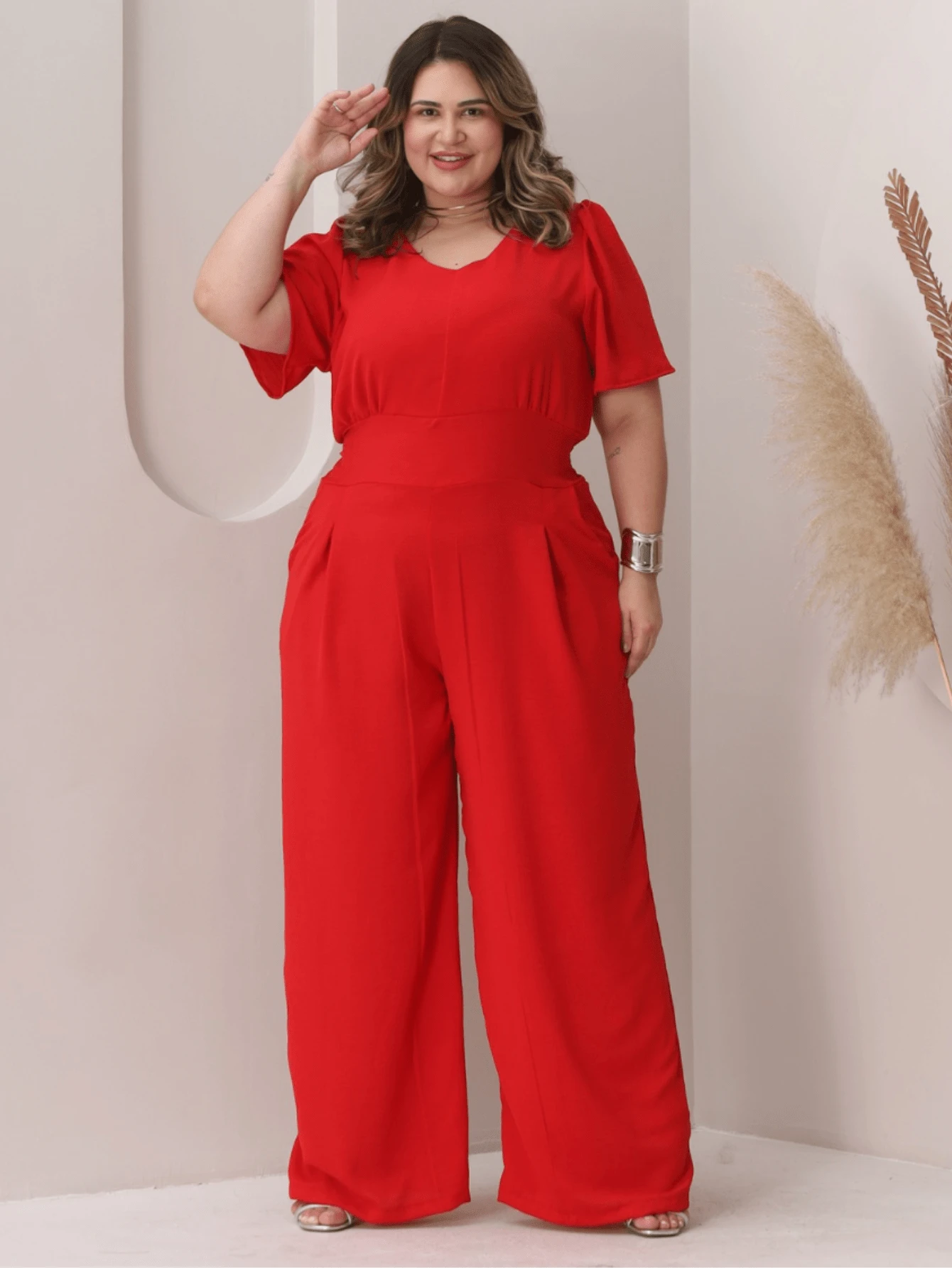 V-Neck Jumpsuit With Waistband Plus Size With Waistband Wide Leg Pants With Pockets And Discreet Pleat Casual Evangelical Fashion Elegant Comfortable Loose | Curve | Wide Leg - 紅色 - 查看 1