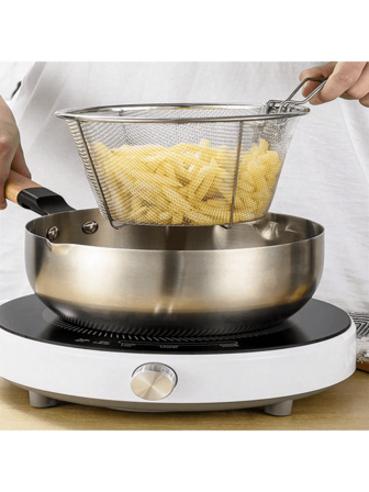 1 件不锈钢亮银色煎炸篮，实用耐用的厨房煎炸工具 - 煎炸油过滤/食物沥干，可折叠存储形状，节省空间，无手柄，精细过滤孔和加固焊点细节，带手柄的煎炸滤网，适合所有季节的日常煎炸烹饪