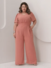 V-Neck Jumpsuit With Waistband Plus Size With Waistband Wide Leg Pants With Pockets And Discreet Pleat Casual Evangelical Fashion Elegant Comfortable Loose | Curve | Wide Leg - 乾枯玫瑰色 - 查看 5