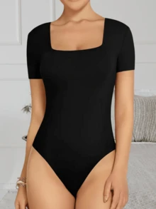 Body Mujer Manga Corta Escote Cuadrado Frances Panti Blusa Leotardo Tela Doble Brush Suave Forro Al Frente Broche Ajustable Cómodo Casual Elegante - Negro - Ver 4