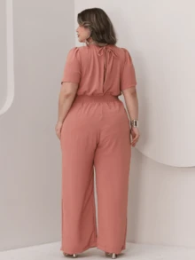 V-Neck Jumpsuit With Waistband Plus Size With Waistband Wide Leg Pants With Pockets And Discreet Pleat Casual Evangelical Fashion Elegant Comfortable Loose | Curve | Wide Leg - 乾枯玫瑰色 - 查看 3
