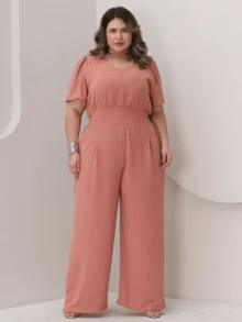 V-Neck Jumpsuit With Waistband Plus Size With Waistband Wide Leg Pants With Pockets And Discreet Pleat Casual Evangelical Fashion Elegant Comfortable Loose | Curve | Wide Leg - 乾枯玫瑰色 - 查看 1
