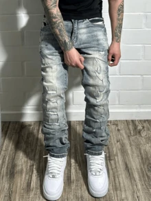 Men's Distressed Denim Straight Leg Casual Washed Vintage Jeans - Blue - View 2