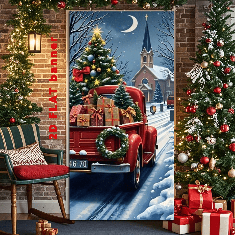 Red Truck And Snow Christmas Door Covers - Suitable For Indoor And Outdoor Celebration Wall Decoration, Christmas Happy Photo Booth Background Fabric - Multi-Functional Indoor And Outdoor Party And Event Decoration - Polyester Fiber, No Electricity Required, Very Suitable For Christmas Decoration