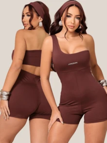 JinkingStore Sporty Fitness Gym Jumpsuit With One Shoulder Cutout Strap - 鏽棕色 - 查看 1