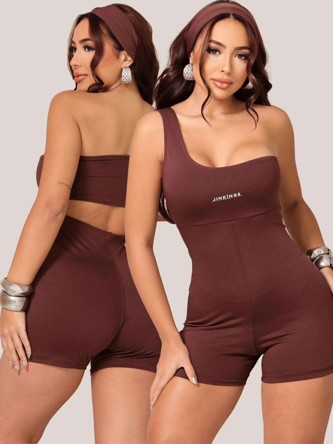 JinkingStore Sporty Fitness Gym Jumpsuit With One Shoulder Cutout Strap - 鏽棕色 - 查看 1
