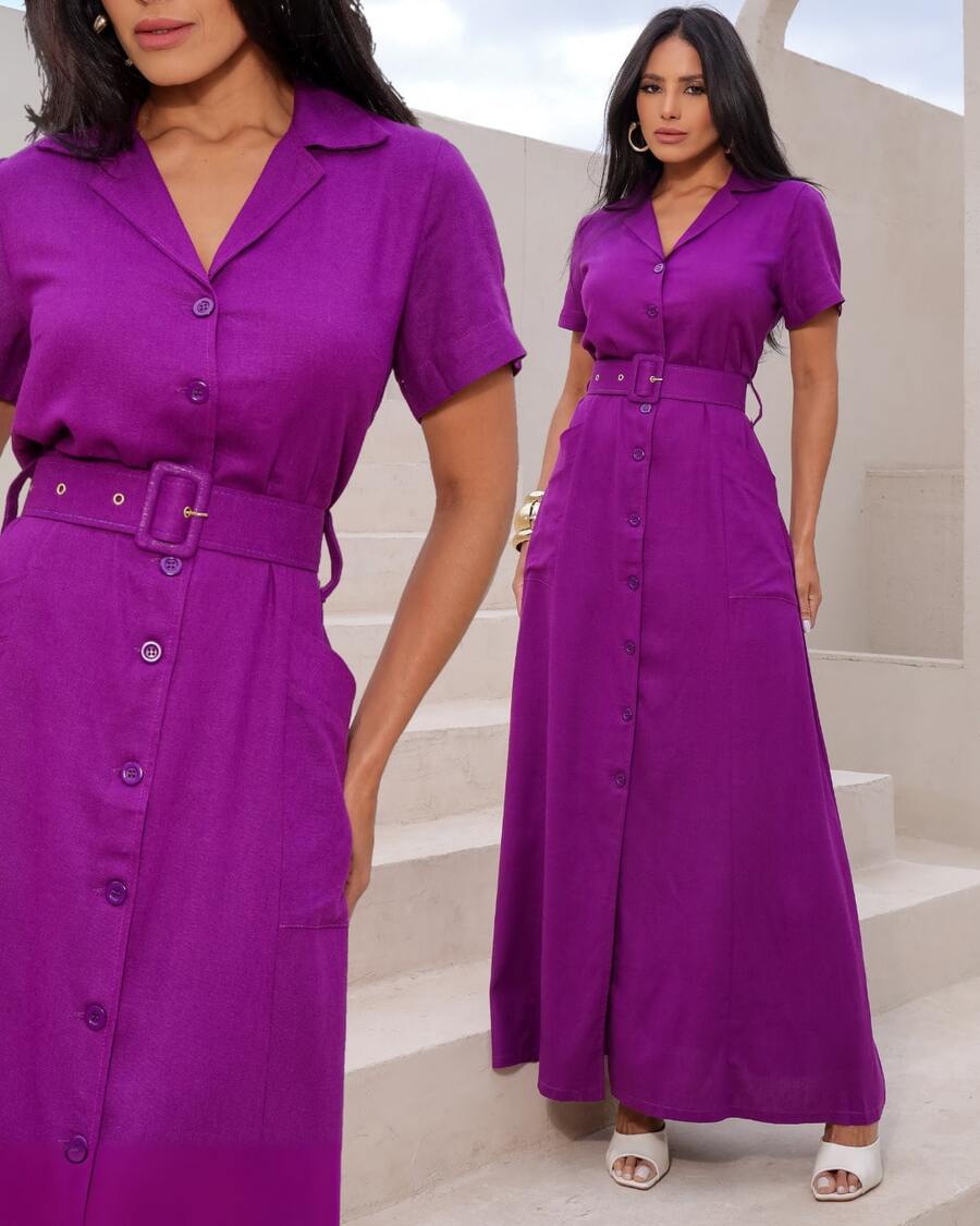 Long Linen Dress With Buttons And Belt - Purple - View 1