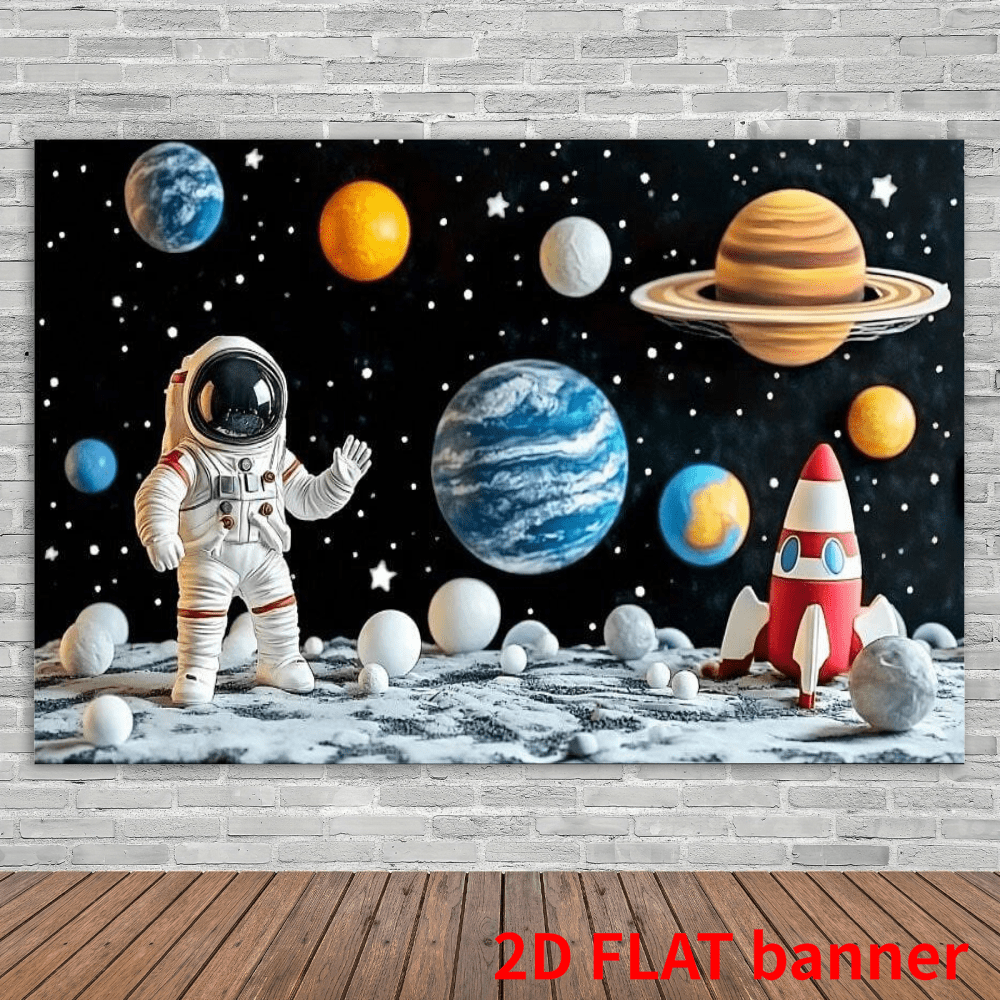 Fondo de fiesta de cumpleaños con tema espacial en 2D - Planetas de espacio exterior de dibujos animados, fondo de elemento feliz de cumpleaños, tela adecuada para fiestas interiores y exteriores, fotografía, decoración del hogar, exhibición de puertas de garaje, sin electricidad requerida, decoración de fiesta de cumpleaños