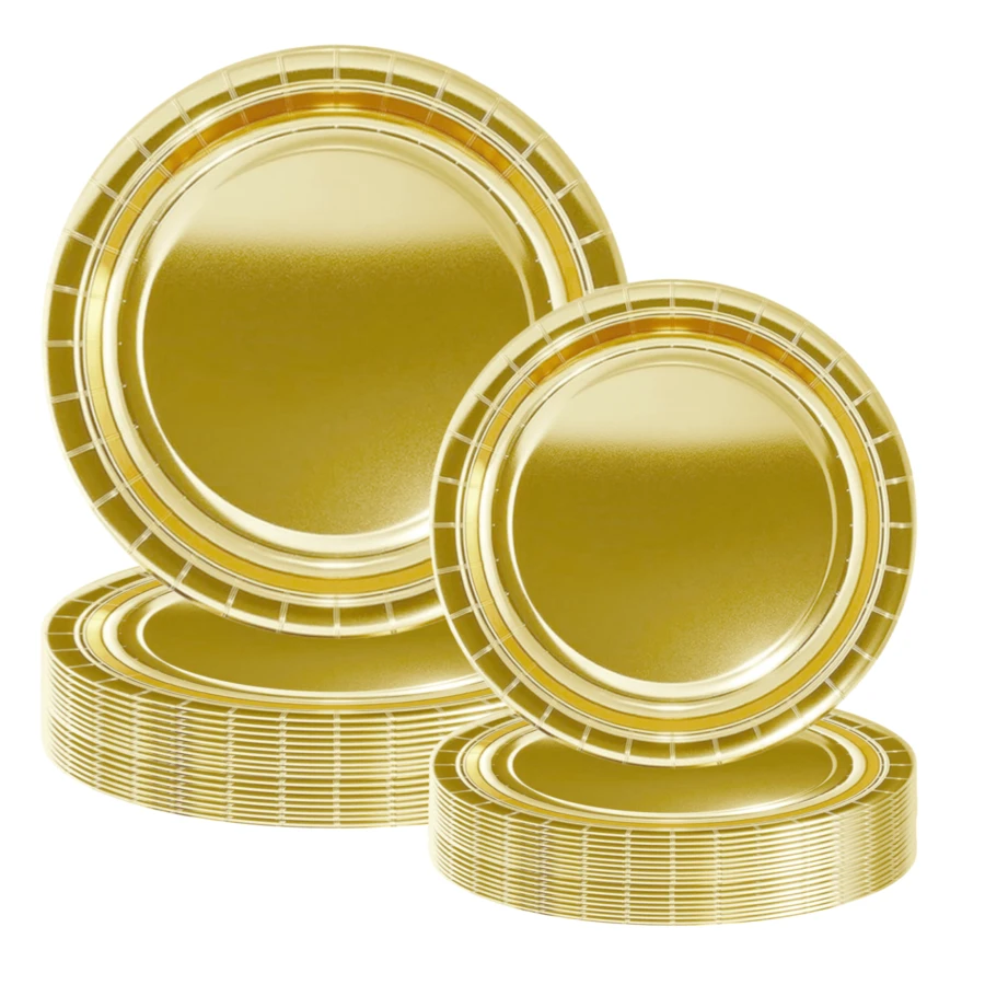 10/20/50个装一次性金色纸盘，用于餐桌装饰，镀铝7英寸/9英寸圆形甜点餐盘，派对用品，适用于婚礼、家庭聚餐、生日派对、野餐、烧烤、节日等场合。