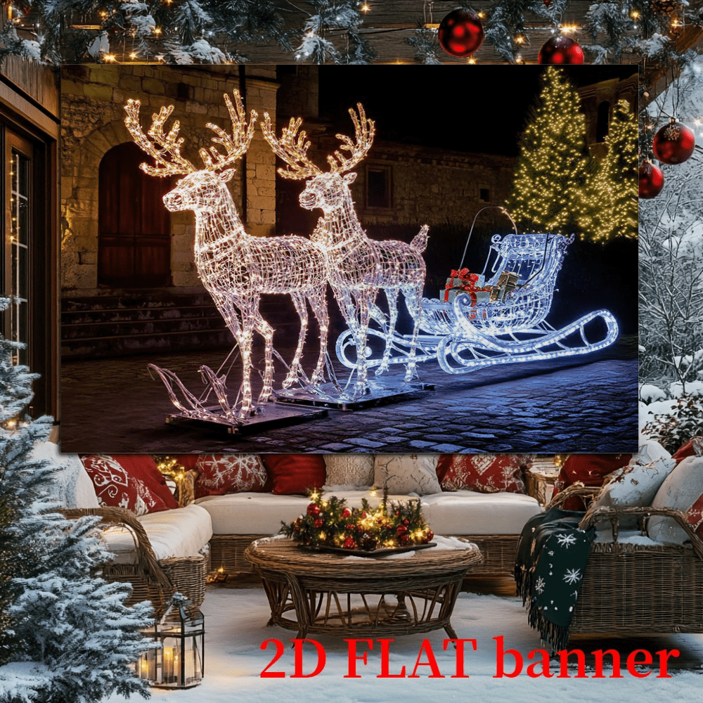 Bandera de trineo de reno con efecto autoluminoso en 2D, similar a la luz LED, sin necesidad de electricidad, tela para decoración interior y exterior, adecuada para Navidad, Año Nuevo y bodas