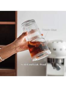 2个/套 600毫升/21盎司大容量水瓶，新款夏季女士玻璃杯，带盖和吸管，竖条纹玻璃杯 - 彩色 - 查看 3