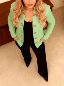 Women's Double Breasted Lapel Collar Blazer With Statement Buttons - 綠色 - 查看 3