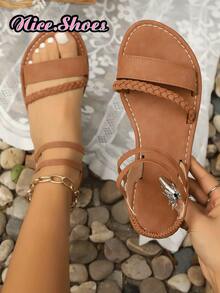 Women's New Woven Black, Brown, White Flat Sandals, Flip-Flops, Plain Toe-Post Slip-Resistant Slippers, Indoor & Outdoor Wear, Fashion Daily Casual Beach Shoes, Bohemian Criss-Cross Strap Flat Sandals, Woven Strap Flat Sandals Slippers, Hollow Toe Open-Toe Sandals, High-Top Roman Shoes, Gold Sandals, Black Sandals, Beach Shoes - Brown - View 2