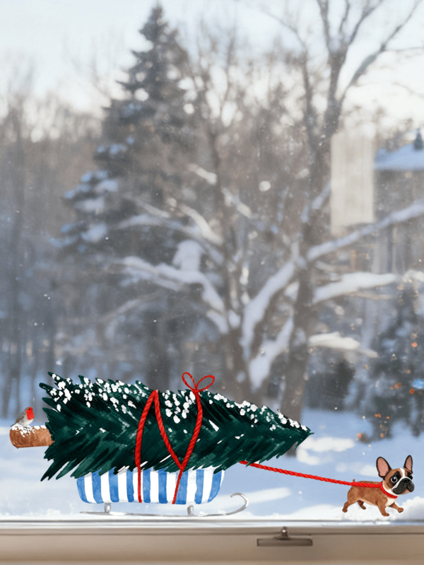 Sticker de fenêtre de Noël, design charmant avec un chien tirant un traîneau et un arbre de Noël, facile à appliquer et à retirer sans laisser de marques, motif vibrant et réaliste de style aquarelle. Parfait pour la décoration de fenêtre de Noël pour créer une atmosphère festive, les anniversaires pour ajouter des éléments ludiques, les fêtes à thème pour une décoration unique, même les mariages pour une touche de joie des fêtes. 1 sticker de taille 30 cm x 20 cm