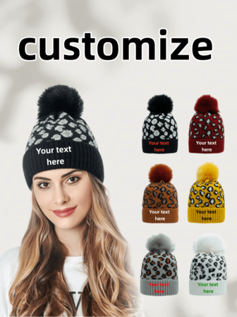 Custom Knitted Leopard Print Fuzzy Pom Pom Beanie Hat