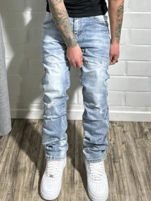 男式高弹力直筒休闲水洗做旧简约经典牛仔裤 - 藍色 - 查看 3