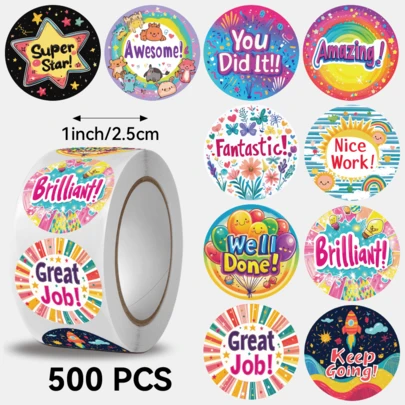 500pcs/Roll Encouraging Reward Stickers, English Motivational Stickers. Suitable For Children, Kindergarten, School To Encourage Students, Games, Toys, Animal Stationery Labels. Self-Adhesive, Creative Stickers, Not Easy To Fall Off, Suitable For Decorating Skateboards, Guitars, Laptops, Cars, Helmets, Stickers, Gift Boxes, Packaging Decoration, Business Decoration, Adhesive Labels, Sealing Stickers