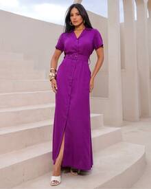 Long Linen Dress With Buttons And Belt - Purple - View 4