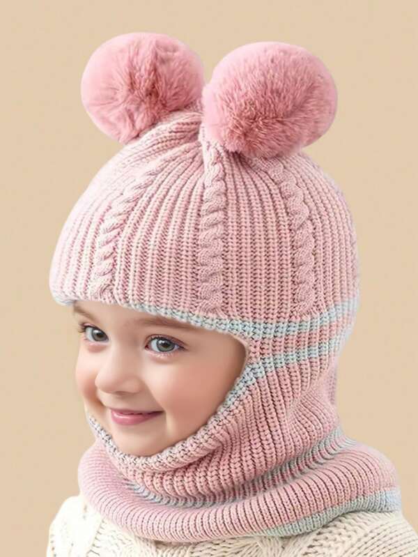 1pc Kids Double Pom-Pom Beanie With Ear Flaps, Unisex Baby Thermal Knit Hat, Solid Color Plush One-Piece Pullover Hood For Toddler Outdoor Sports, Daily Outings, Winter Play, Christmas Gift, Windproof Cold Protection