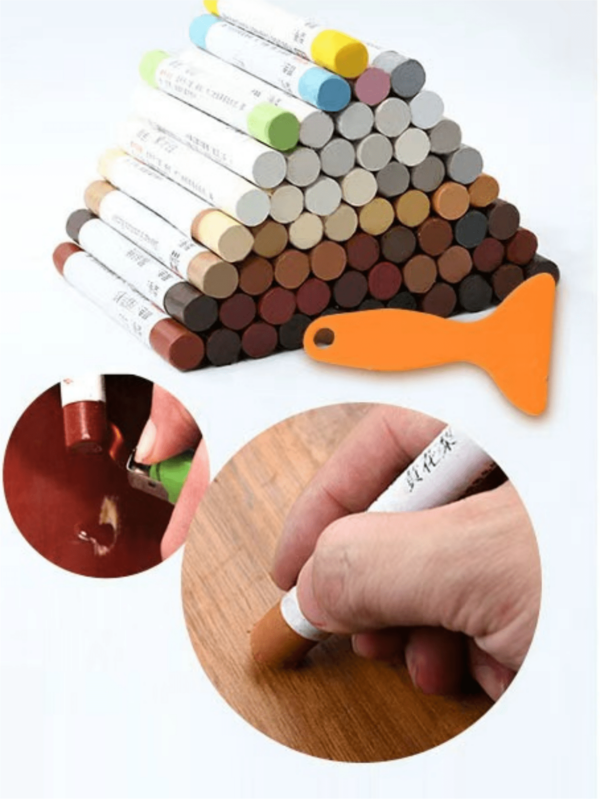 16 cores de giz de cera para consertar móveis, espátula amarela, caneta touch colorida, giz de cera para consertar unhas e olhos, giz de cera com riscos, limpe as posições que precisam ser consertadas, selecione giz de cera com cores semelhantes, espalhe-os diretamente e raspe o excesso de cera com um raspador.